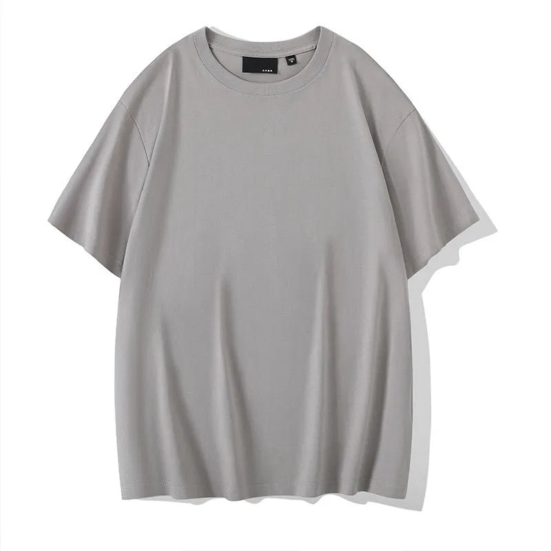 Cotton solid colour round neck casual T-shirt with drop shoulder sleeves in loose fit