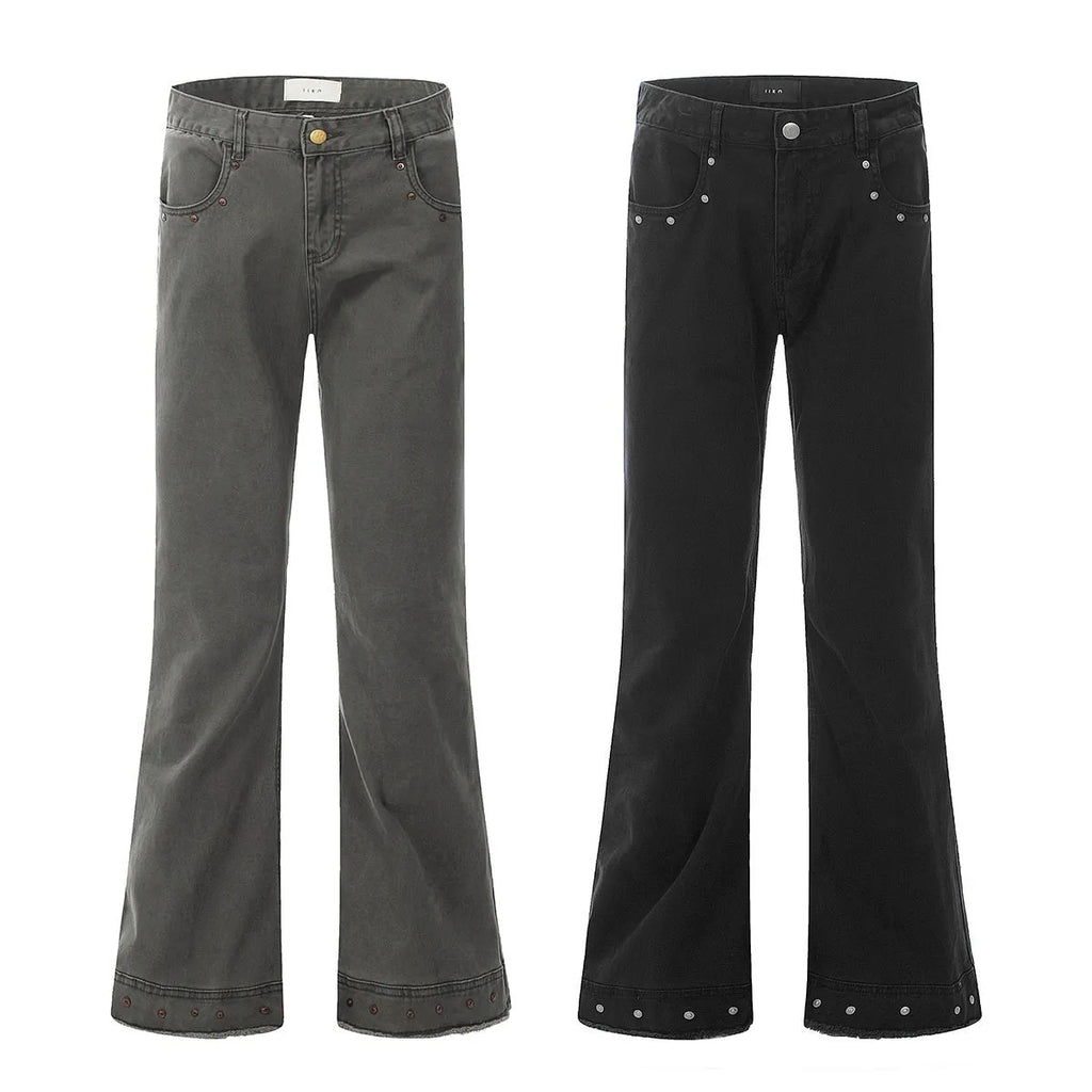 Straight-leg cotton jeans on a hanger, showing mid-waist fit, zipper fly, and horn-style leg opening.