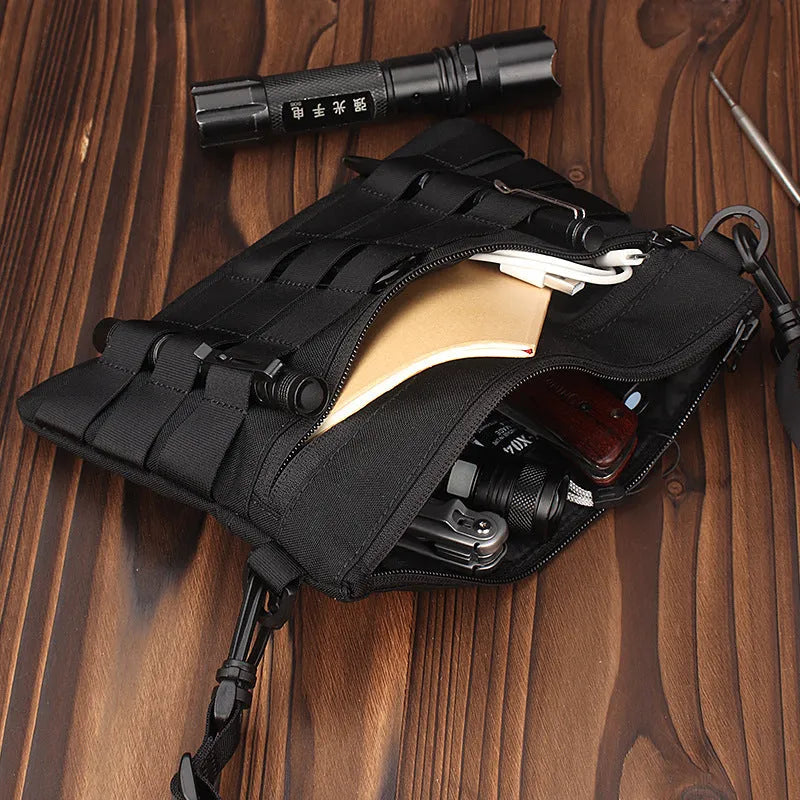 Black Oxford cloth outdoor pouch measuring 18cm long with wear-resistant texture for military and hiking gear