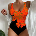 Women's orange red 3D printed one-piece swimsuit with lycra lining for swimming.