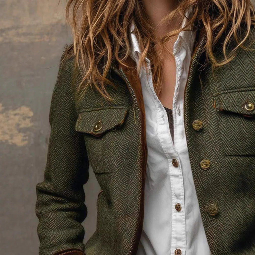 Army green herringbone pattern tweed blazer with velvet trim on collar and cuffs for women