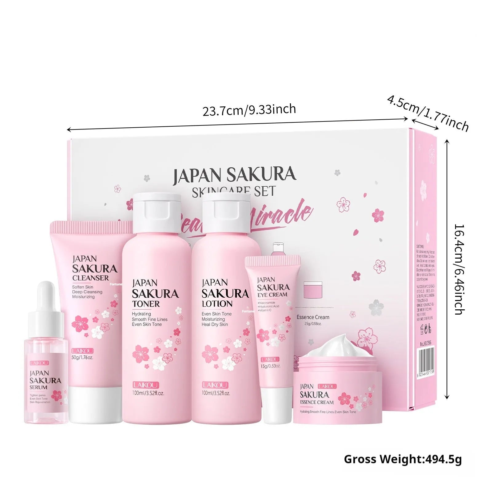Cherry blossom facial care 6-piece set showing cleanser, toner, moisturiser, serum, eye cream and essence cream