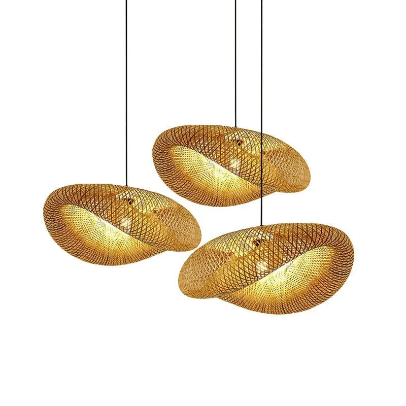 Bamboo straw hat-shaped hanging lamp with natural rattan shade measuring 50cm diameter