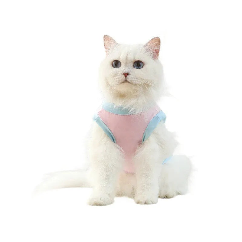 Pet ice silk sun protection vest in cherry blossom pink on a small dog, unisex cooling clothing