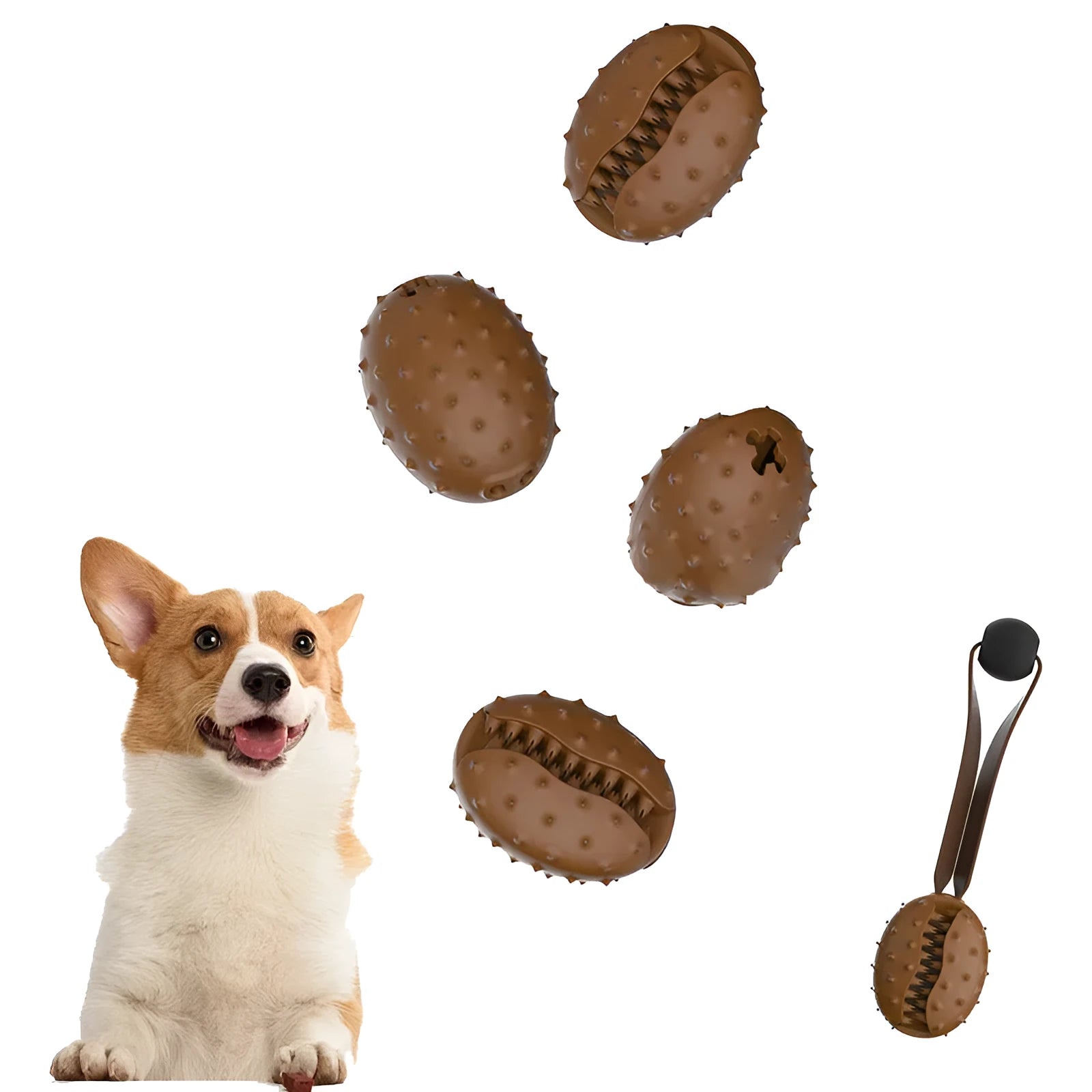 Brown coffee bean-shaped dog chew toy with textured TPR surface and white rope knots.
