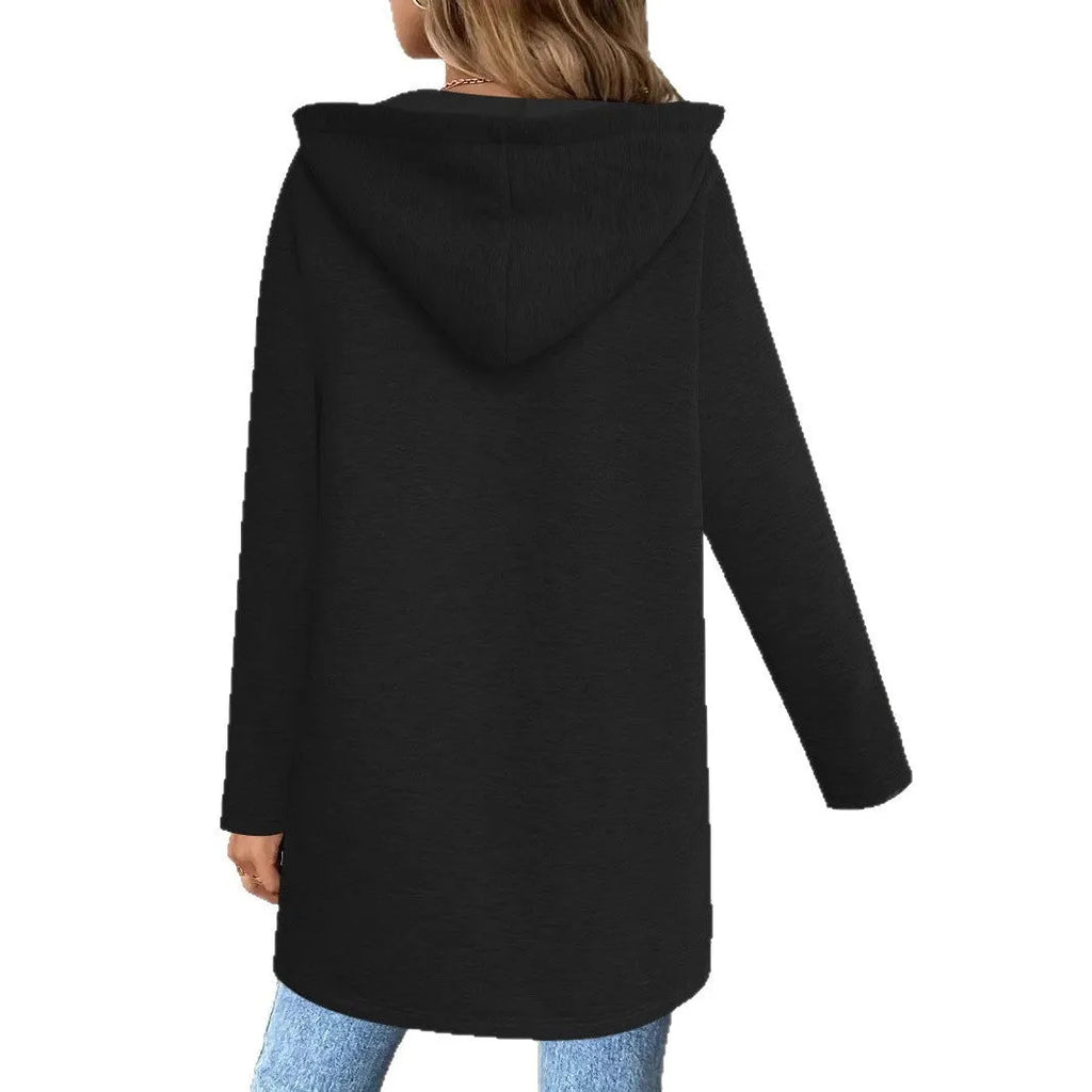 A loose grey mid-length cardigan coat for women with pockets, shown on a hanger.