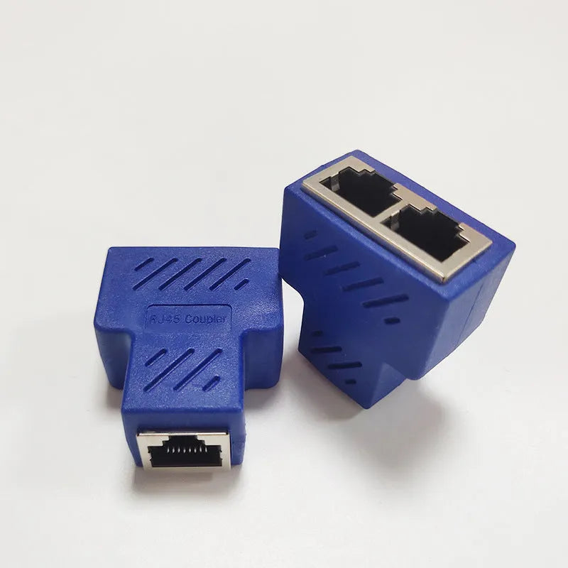 Two white RJ45 network splitter adapters for sharing one ethernet cable connection.