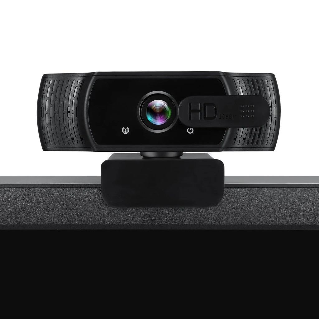 Black USB webcam with built-in microphone and adjustable clip for laptop or monitor.