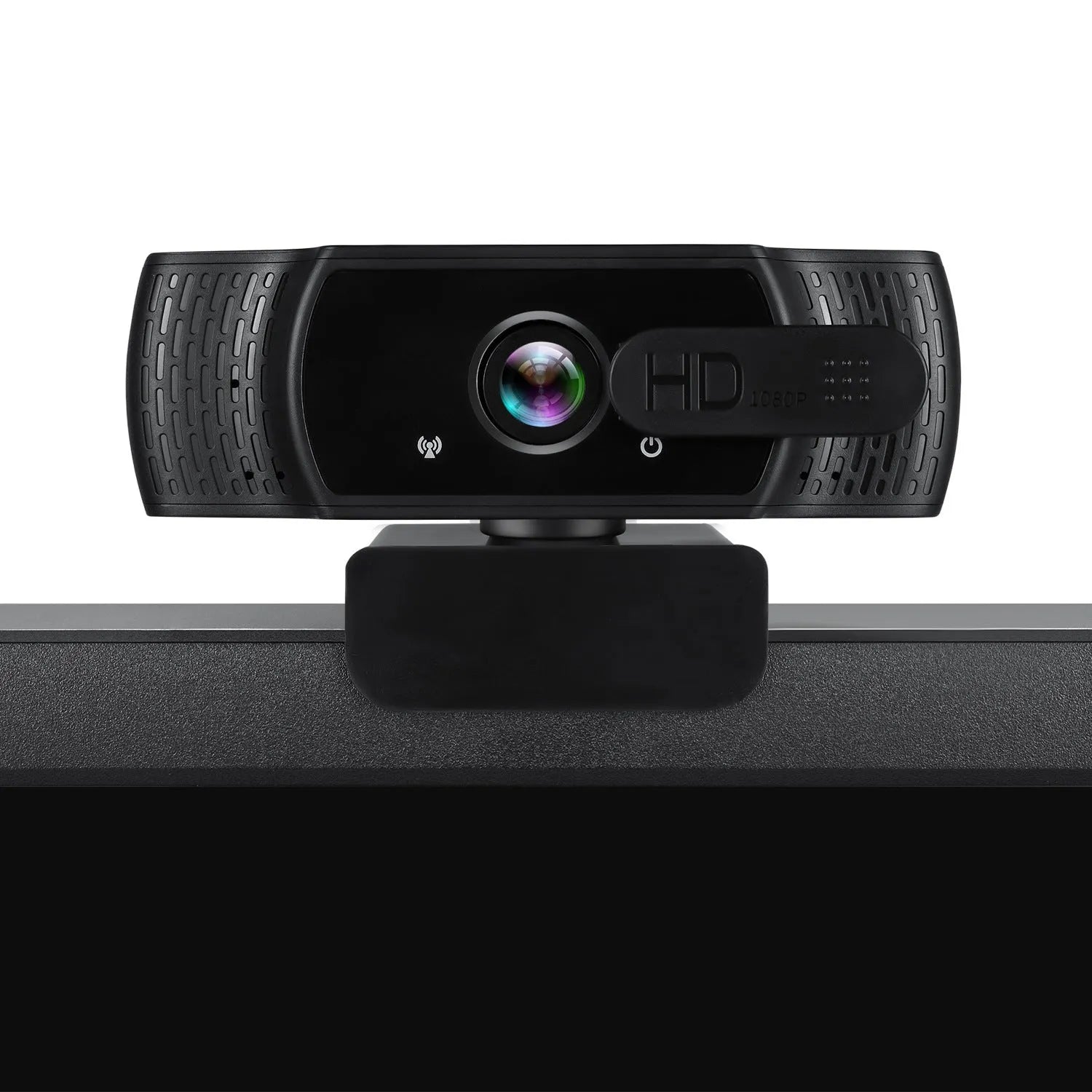 Black USB webcam with built-in microphone and adjustable clip for laptop or monitor.