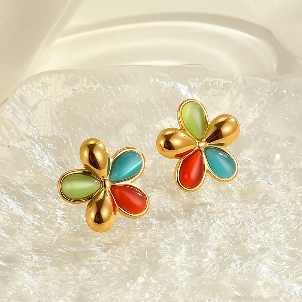 Colourful opal flower stainless steel stud earrings with 18K gold electroplated finish, pair of two earrings.
