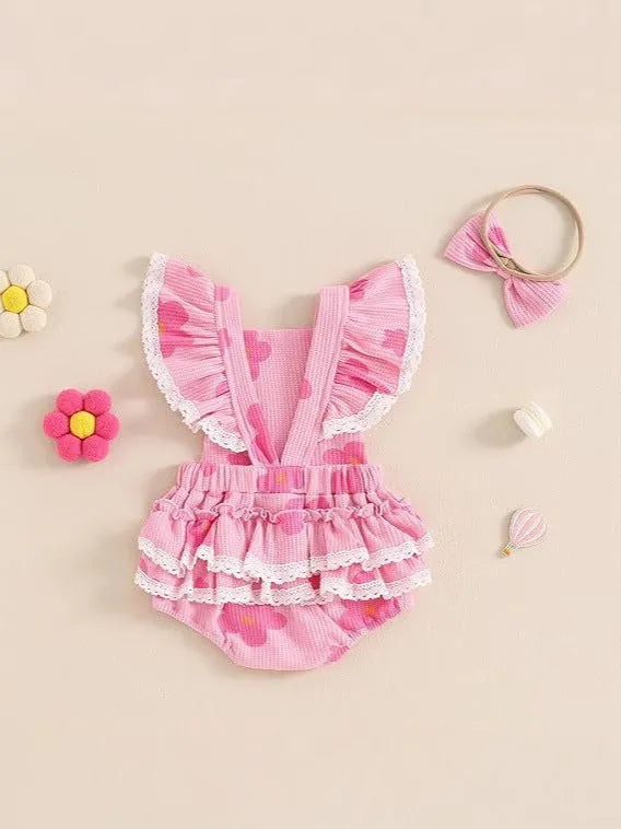 New baby girl sunken stripe flower romper in apricot colour, sleeveless triangle jumpsuit made of polyester