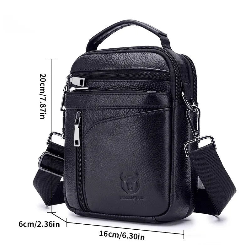 Men's black genuine leather shoulder messenger bag with solid colour finish and retro European American style for leisure travel