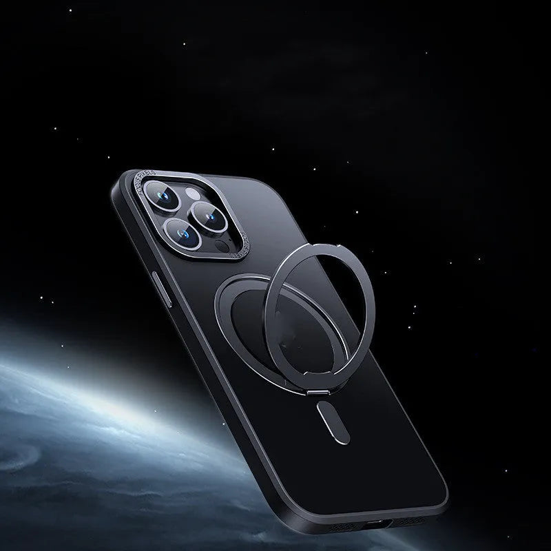 Transparent fulcrum iPhone case with magnetic bracket on grey background.