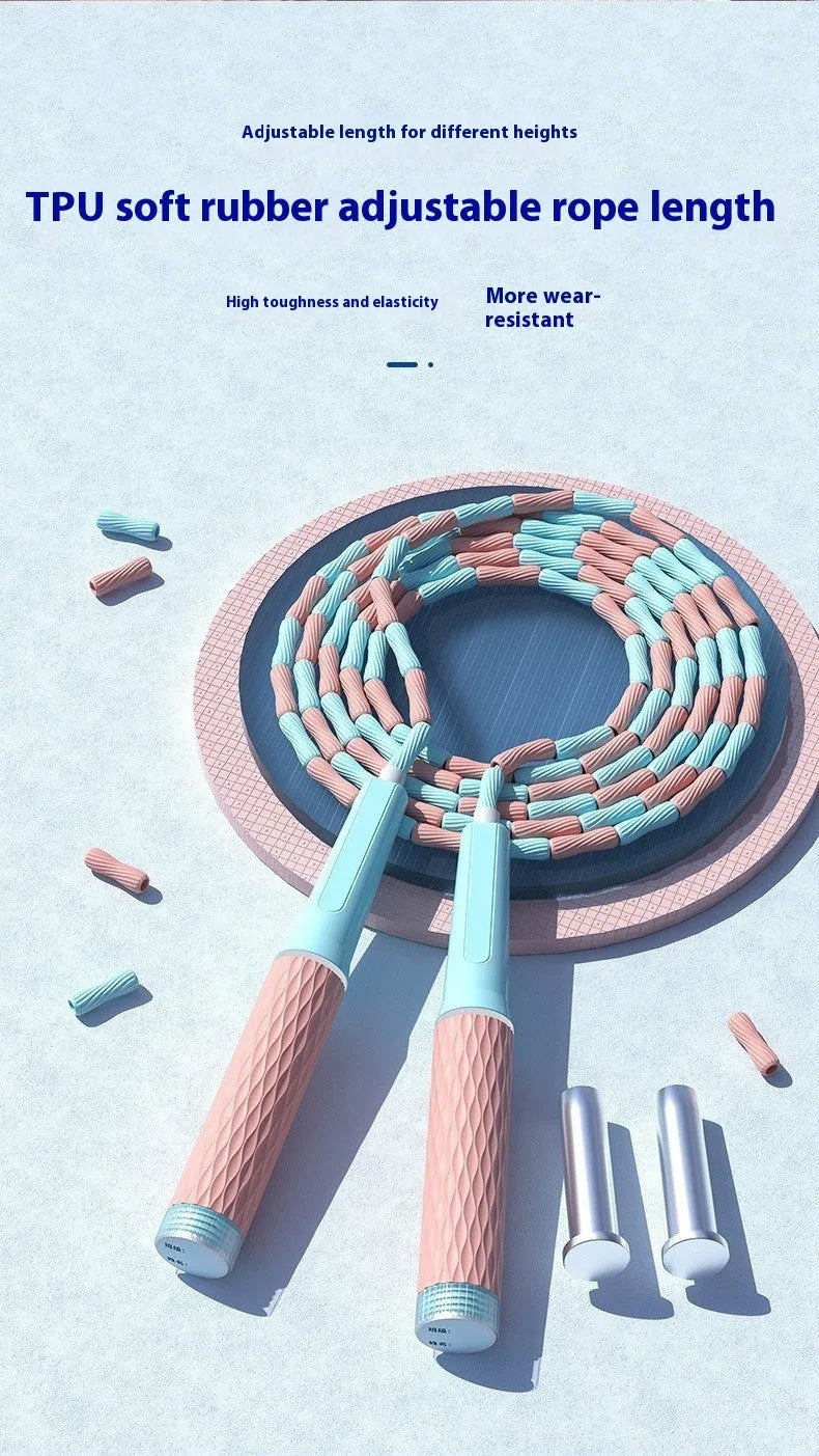 Bamboo bead skipping rope for children with soft PP beads in blue colour option
