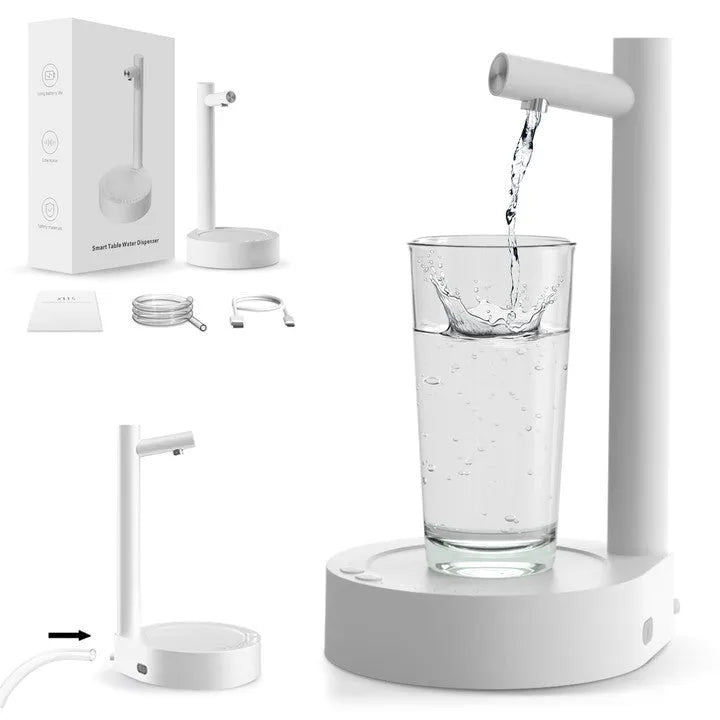Desktop bottled water automatic pumping device with rechargeable 1800mAh battery in black and white ABS shell