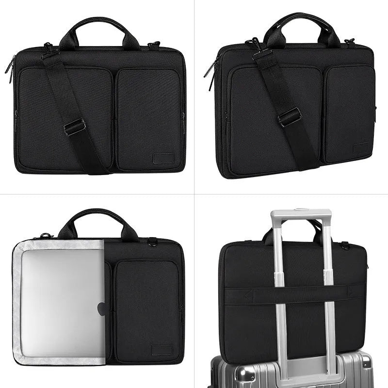 Shock proof shoulder laptop bag in gray polyester with zipper closure and retractable handle for 15.6 inch laptop