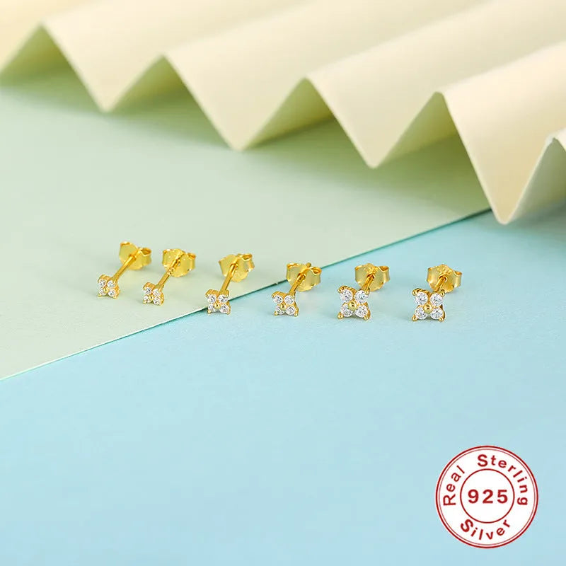 S925 sterling silver stud earrings with geometric petal crystal flower designs in golden or platinum colour