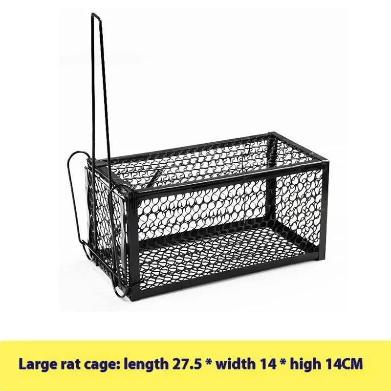 Automatic mouse trap cage shown in small, medium, and large sizes with metal and plastic construction options.