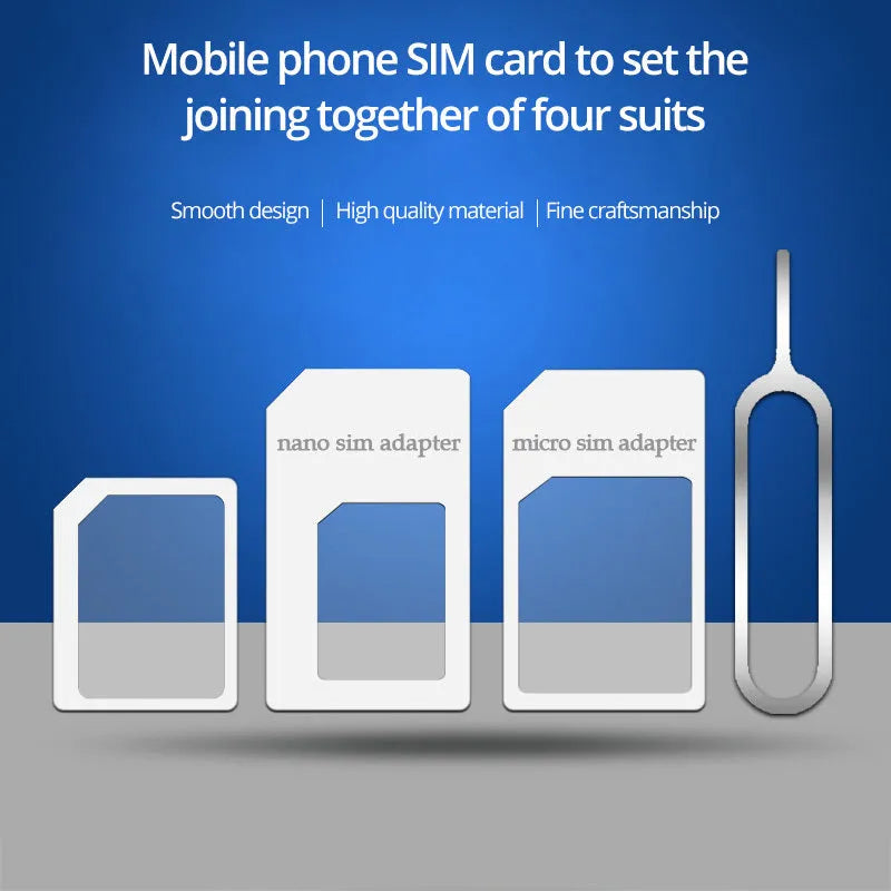 SIM Restore four-in-one adapter kit showing three plastic SIM converters and a metal ejector pin.