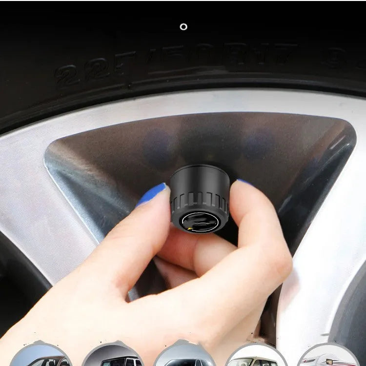 Bluetooth car tyre pressure monitoring system with four black external sensors and installation tools.