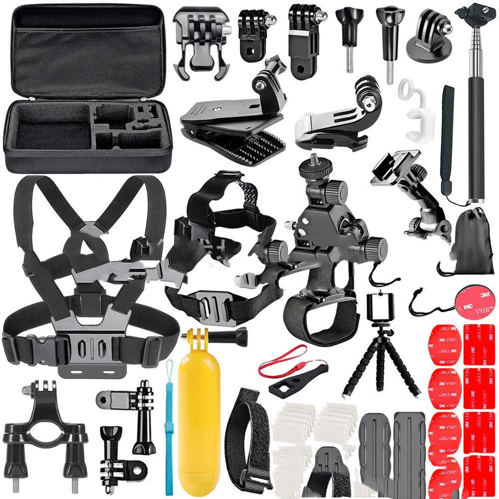 Black GoPro chest mount, helmet mount, and tripod stand accessories kit on a white background.