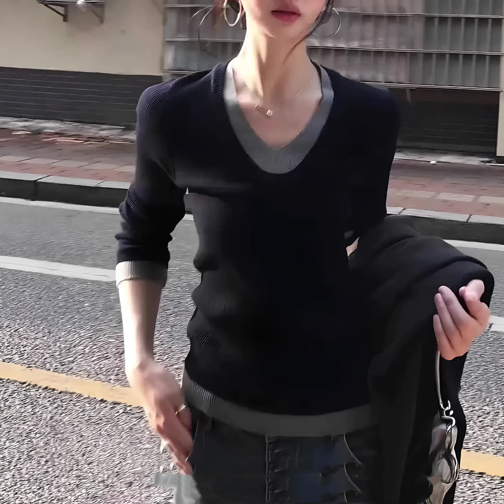 Black Korean style fake two-piece V-neck knitted pullover top on a woman