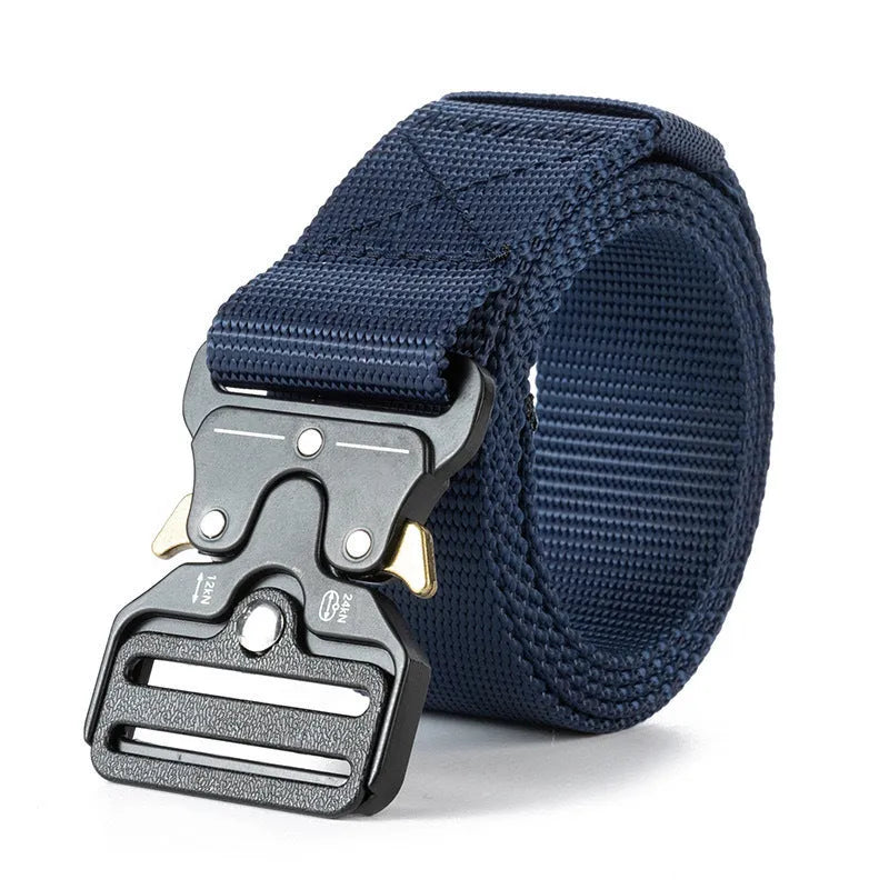 Men's tactical canvas belt with alloy release buckle showing black colour option