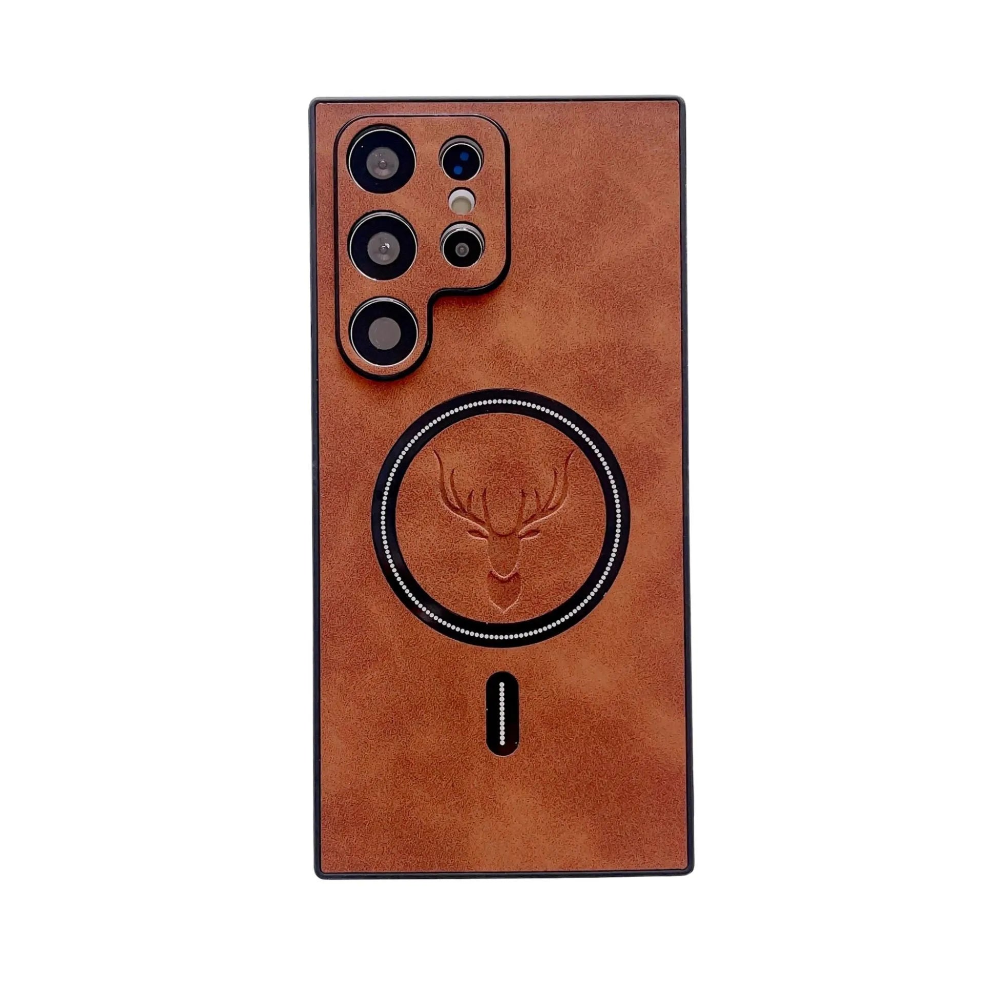 Deer head magnetic wireless charger leather pattern phone case for Samsung S23, black back cover