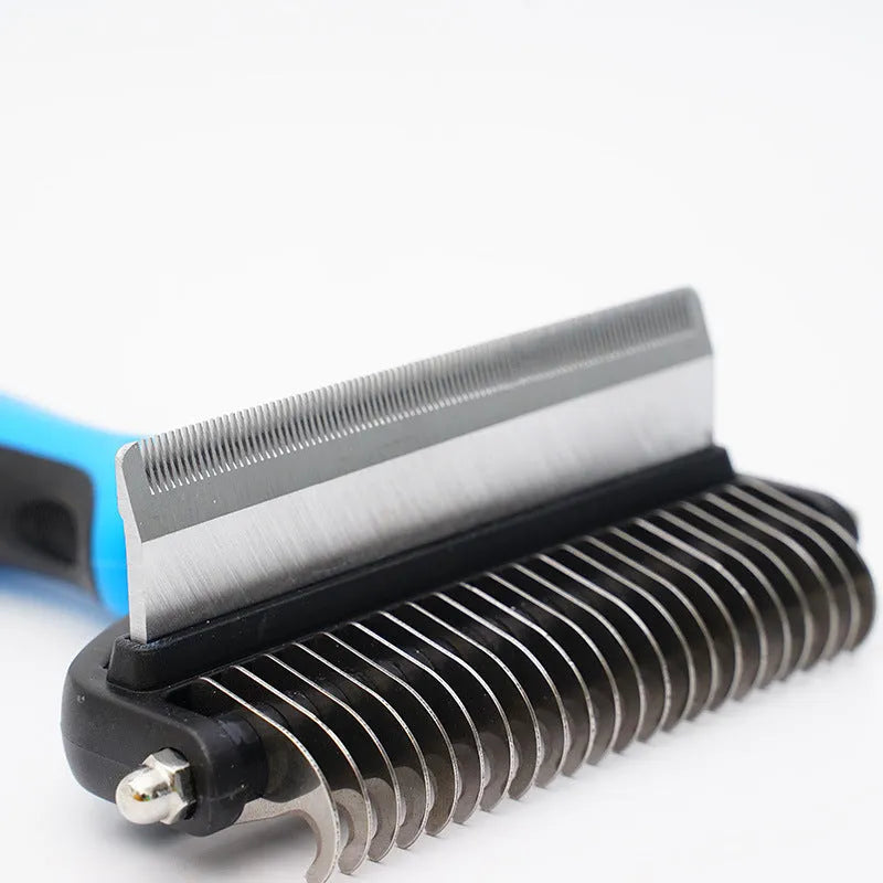 Two-in-one pet hair unknotting comb with dense and sparse teeth in black, blue, and pink - small and large sizes