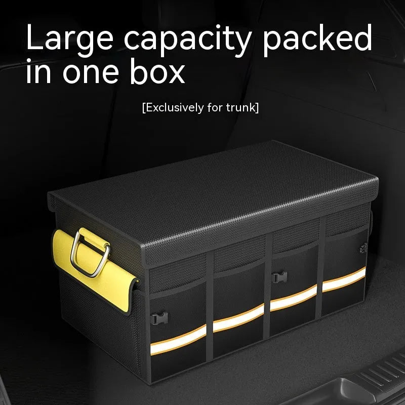 Black and yellow foldable car boot storage organiser bag with carry handle in three size options