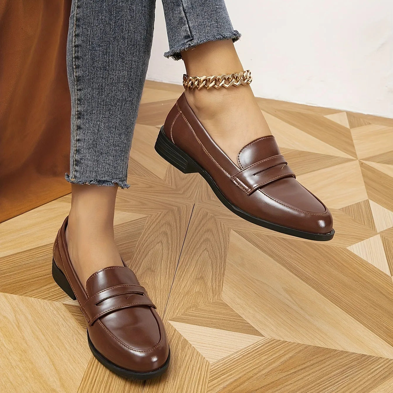 Women's polyurethane loafers with high wedge heel, synthetic leather upper, round toe, in black, brown, white, coffee