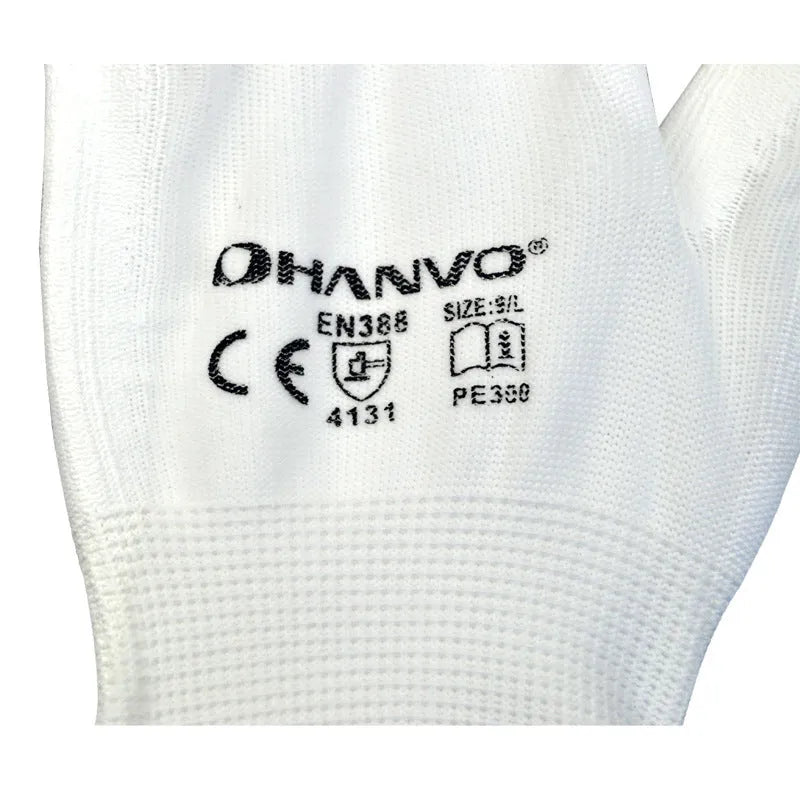 White PU coated work gloves showing flexible design and 24cm length, suitable for labour and gardening
