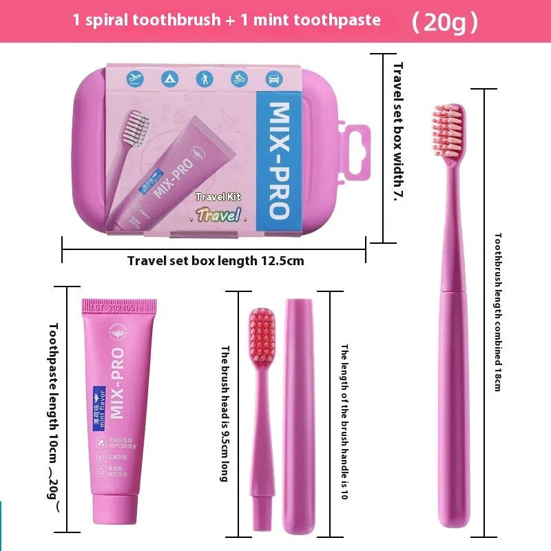 Portable travel toothbrush toothpaste set in blue and pink, compact oral care kit for adults