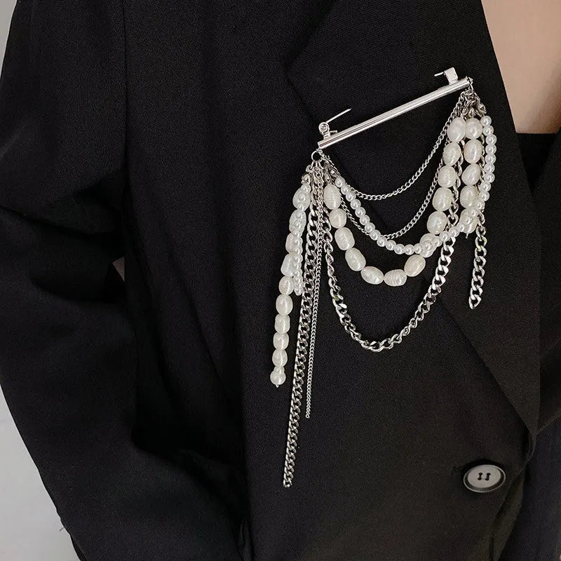 Korean style tassel pearl pin brooch electroplated alloy unisex decor gold tassel colour