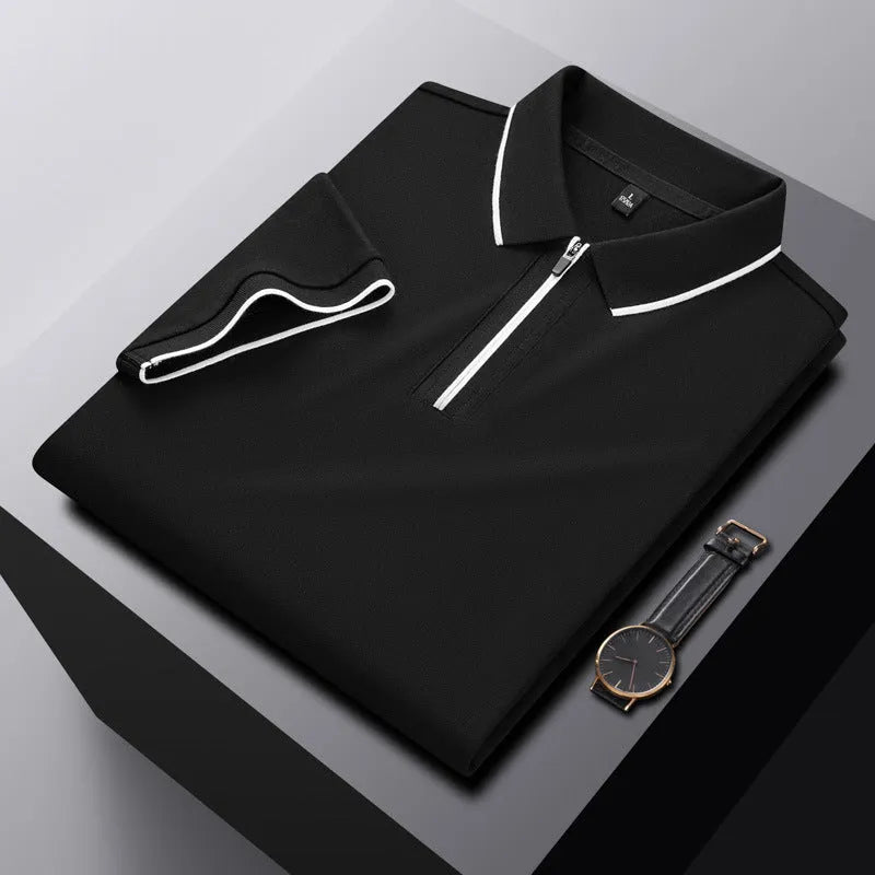 Men's solid colour polo shirt with a front zipper and short sleeves in beige apricot.