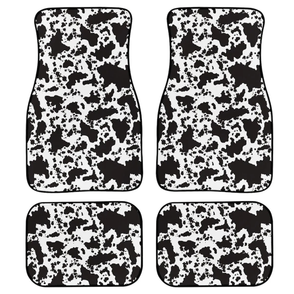 Black four-piece rubber car foot mat set with textured surface, shown on a car floor.