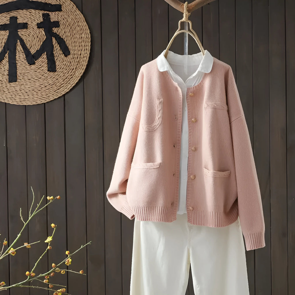 Women's polyester knitted cardigan with button pocket, solid colour, princess sleeves, regular fit in apricot colour