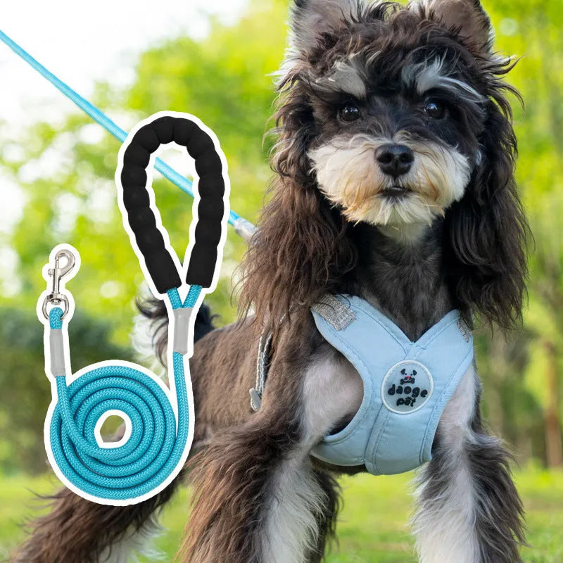 Polyester dog vest with attached hand holding rope in blue, green, pink, or yellow.