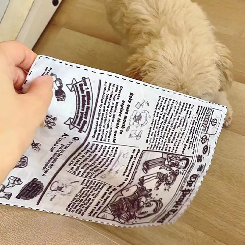 Tear-resistant dog toy with newspaper and playing card prints featuring a squeaker inside