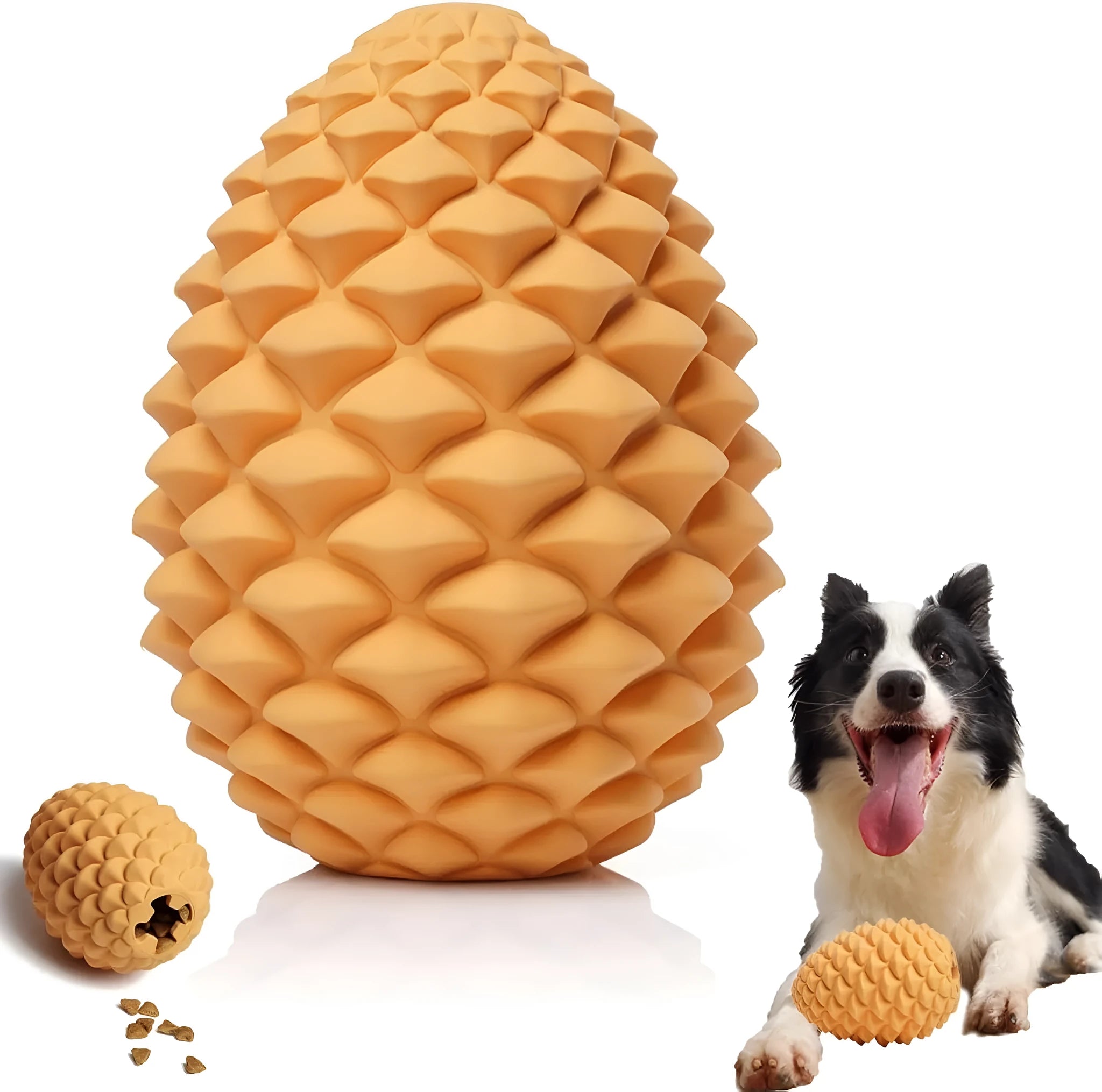 Yellow pine cone-shaped natural rubber dog toy with textured surface and treat dispenser hole.