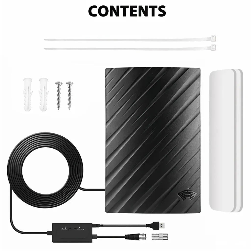 Black plastic indoor HD digital television antenna with mounting accessories including screws and expansion tubes.