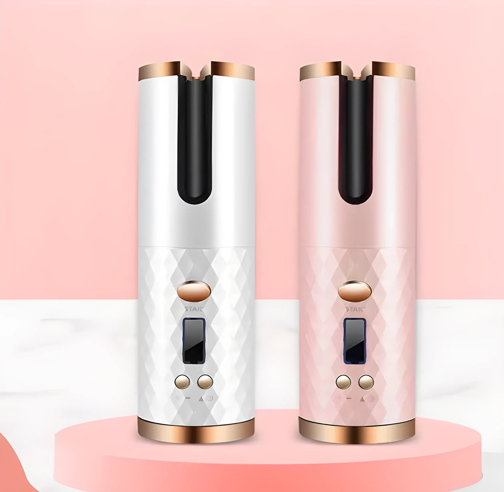 Portable white mini curling iron with USB charging cable and gold ceramic barrel.