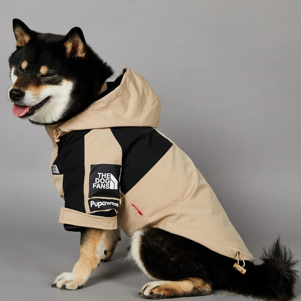 Khaki polyester dog shell jacket shown on a dog, available in sizes S through 5XL