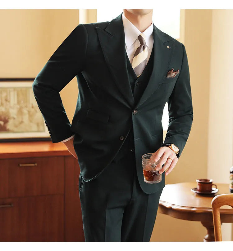 Men's slim fit three-piece corduroy linen blend suit set with coat, vest, and trousers in caramel