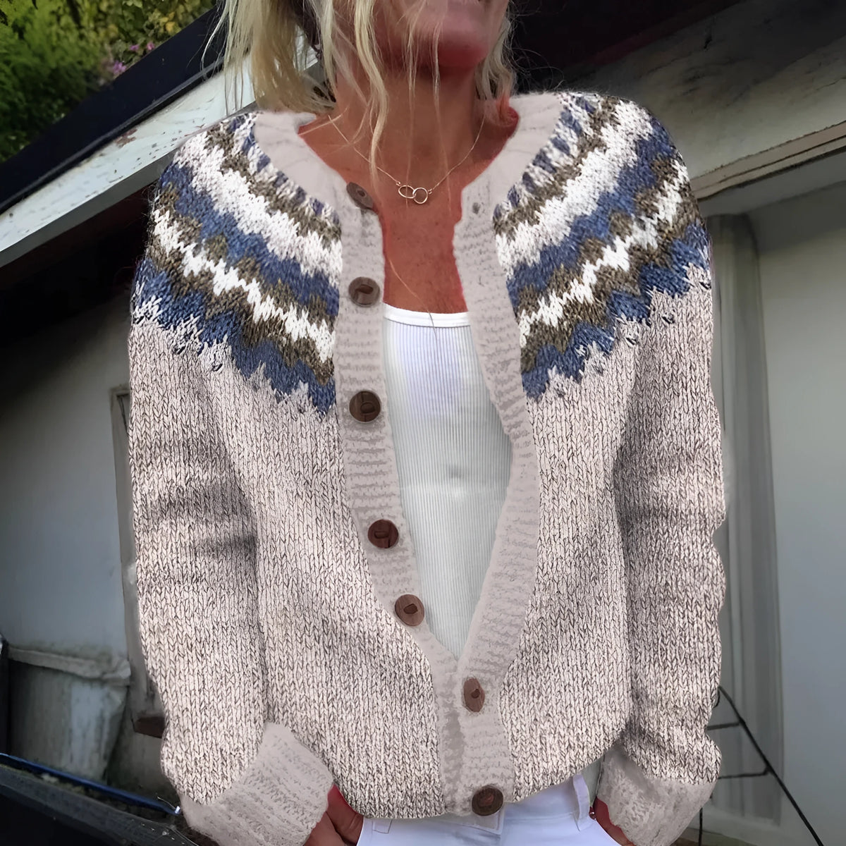 Colour-blocked loose fit cardigan sweater in acrylic fibre jacquard knit open front women's size S-5XL