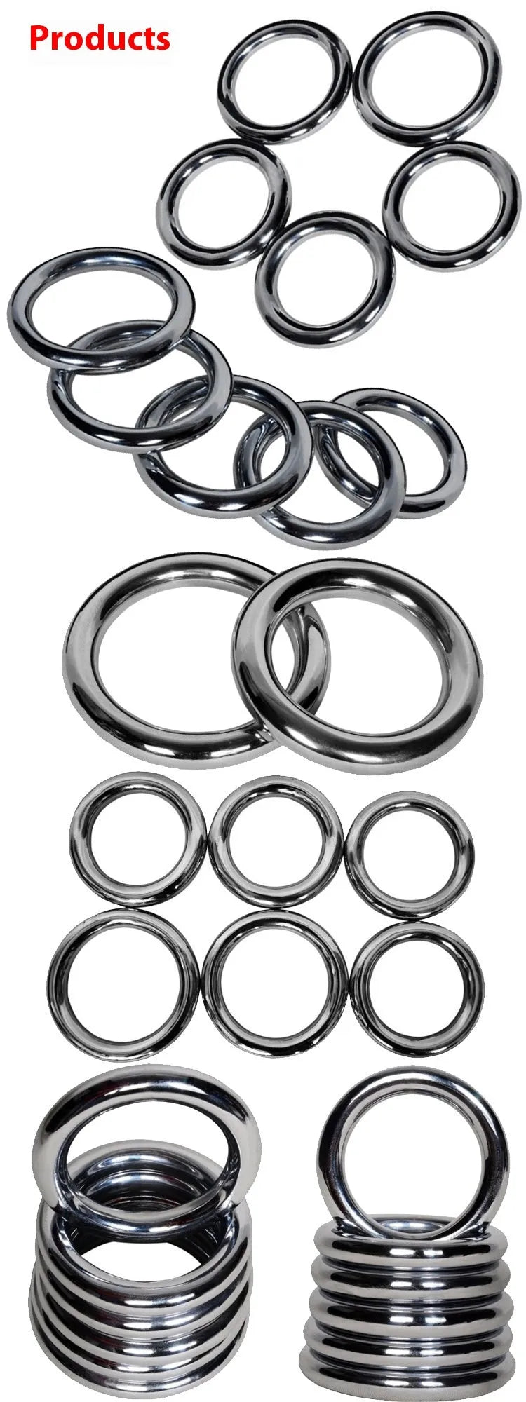 Electroplated carbon steel Wing Chun training ring for forearm strength, shown in three sizes.