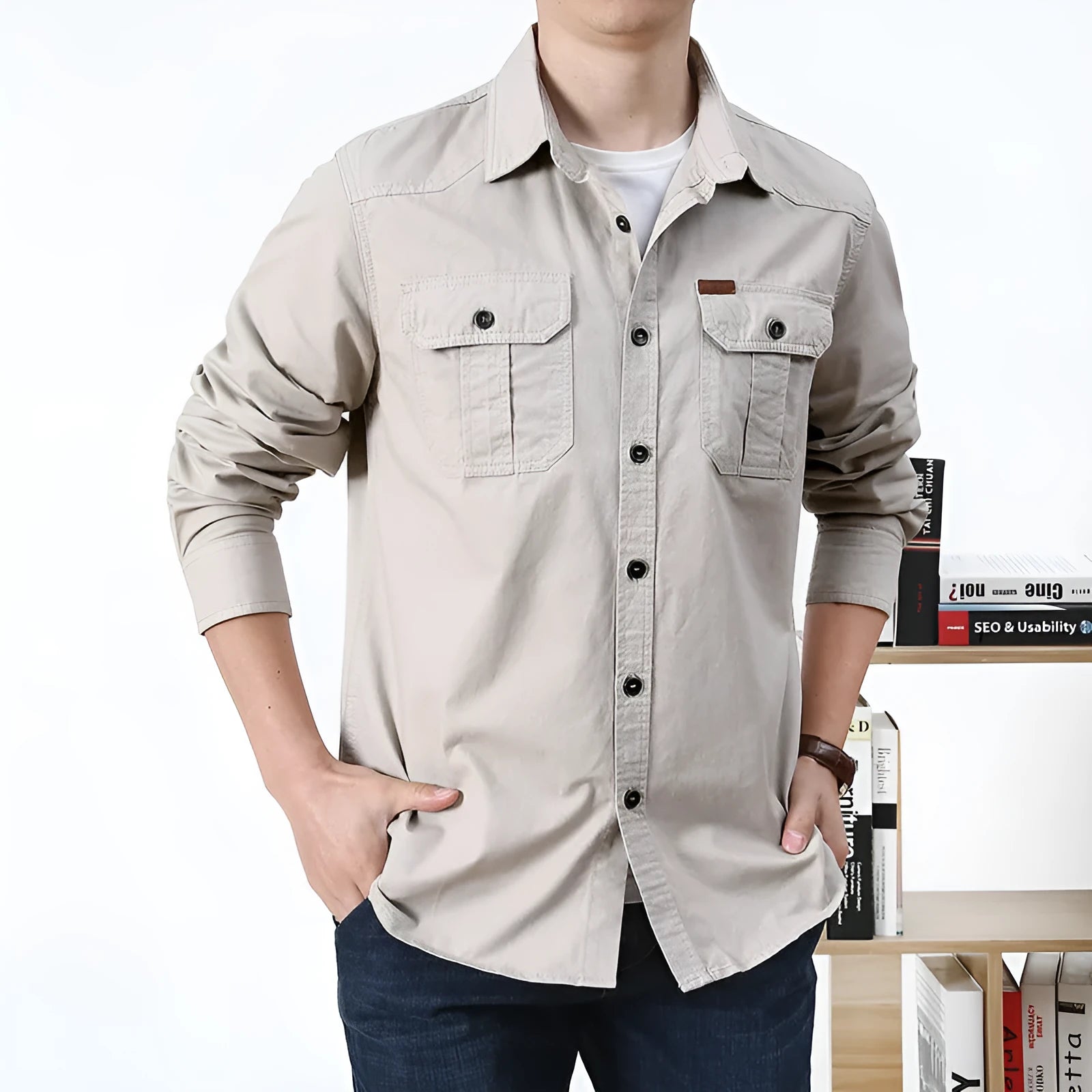 Cotton military style long sleeve loose fit shirt in army green for men spring casual