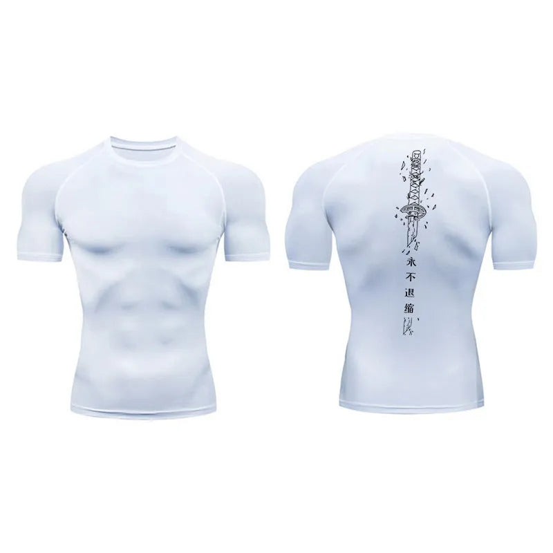 Men's short sleeve compression shirt with sword print design in multiple colour options