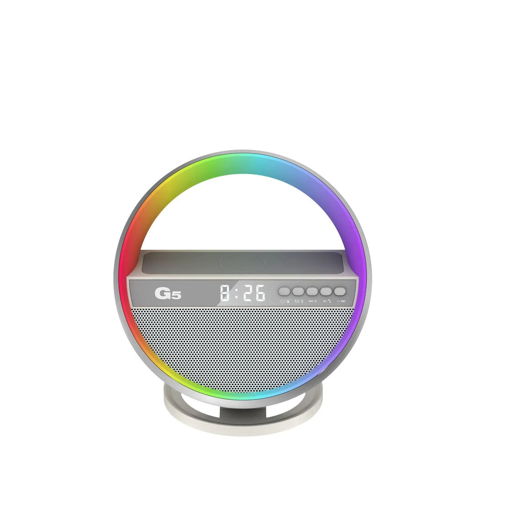 White multifunction RGB night light wireless charger and Bluetooth-compatible speaker, 95x95x126mm, USB powered