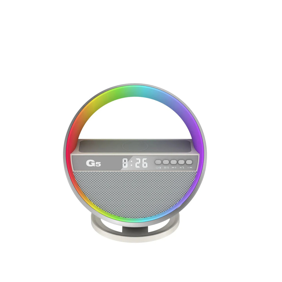 White multifunction RGB night light wireless charger and Bluetooth-compatible speaker, 95x95x126mm, USB powered
